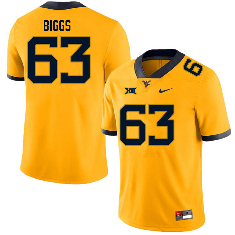Men #63 Bryce Biggs West Virginia Mountaineers College Football Jerseys Sale-Gold